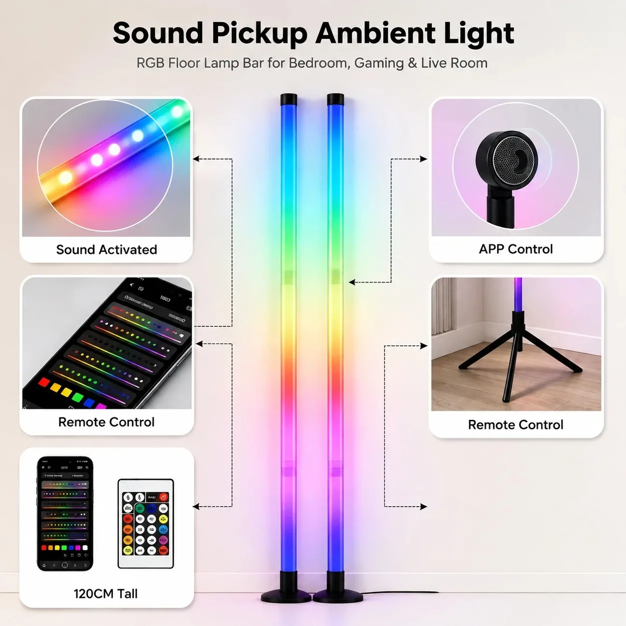 2PCS 120CM RGB Floor Lamp, Sound Reactive LED Corner Light Bar, Ambient Lighting for Gaming Room Bedroom E-Sports Setup view 4
