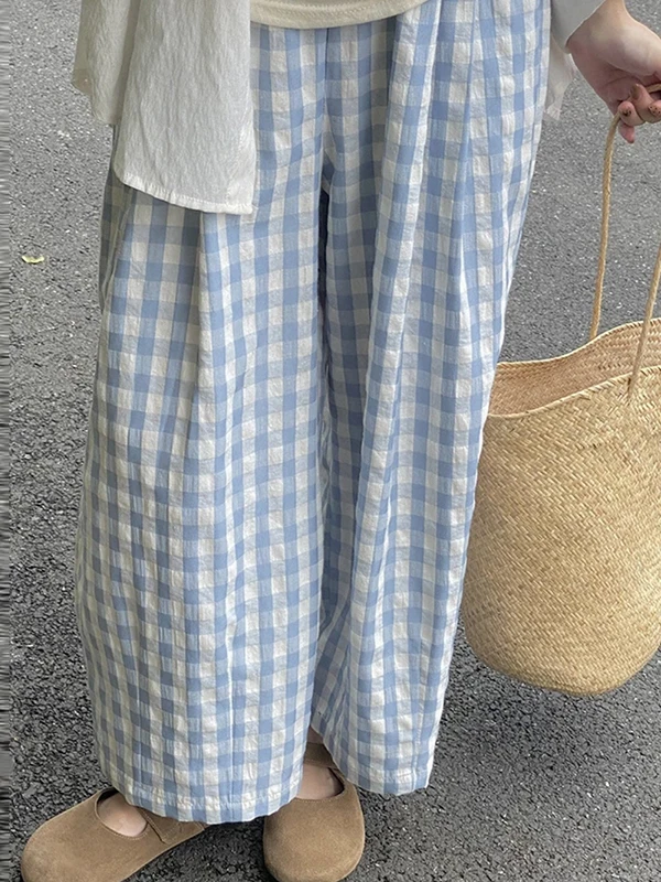 Pantaloni larghi a gamba larga da donna scozzesi bianchi blu casual estivi di piccole dimensioni a vita alta pantaloni casual a nove punti per donna