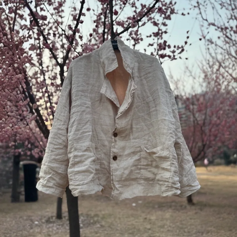 

Women Short Blazer Solid Jacket Spring Autumn Loose Causal Double Layer Cotton Linen Vintage Woman Ramie Korean Style Jackets