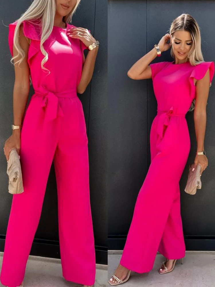 Fashion kupu-kupu lengan lebar kaki Jumpsuit wanita 2024 musim panas kasual elegan baju monyet Vintage Streetwear Jumpsuit overall wanita