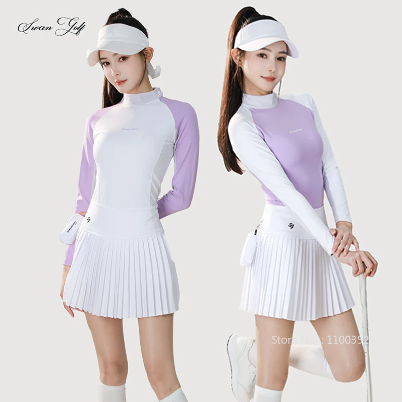 

SG Осенняя футболка для гольфа контрастного цвета, женские топы с высоким воротом и длинными рукавами, весенние спортивные плиссированные юбки, женские теннисные шорты