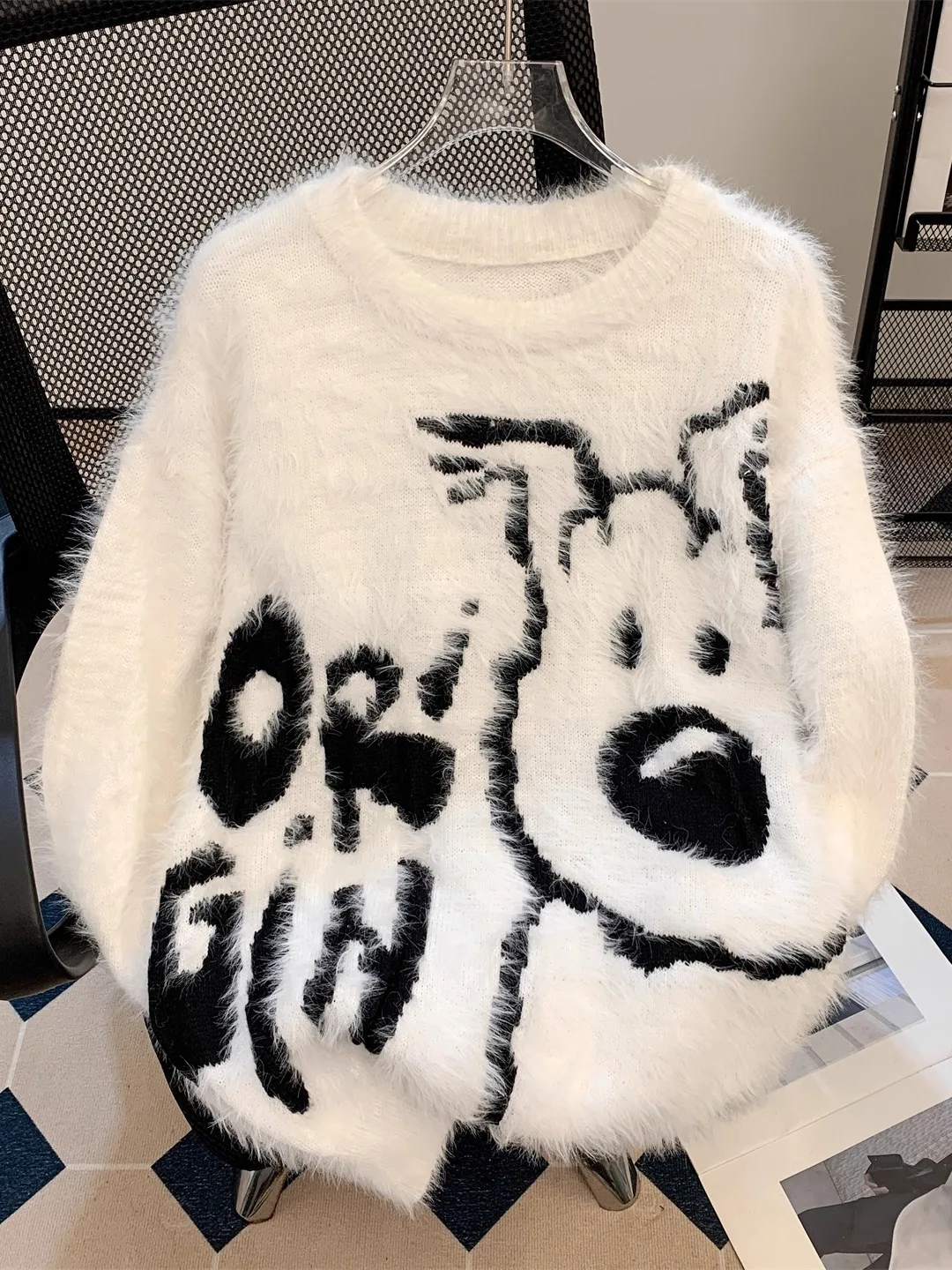 

Cartoon Dog Mink Knitted Sweater Men's Autumn Winter Lazy Sle Soft Cozy Design Sense Tassel Matching Sweater Coat