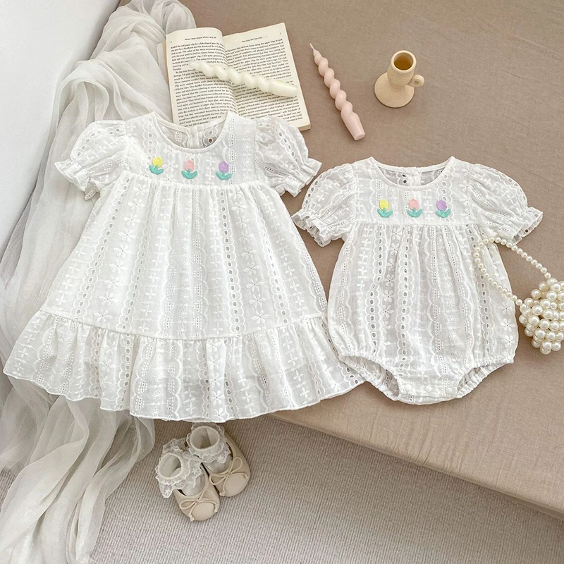 Summer New Kids Baby Dresses 1-5Y Tulip Embroidery Puff Sleeve Dresses Toddler Girls Outwear Sister Dress