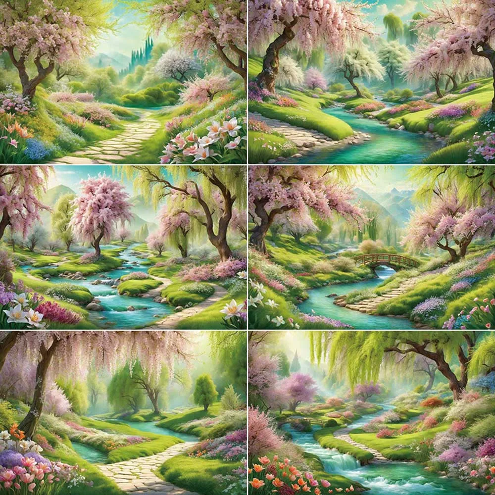 

MOON.QG Fairy Spring Home Decoration Background Green Grass Cherry Blossom Tree Photo Backdrop Photography Studio Accessories