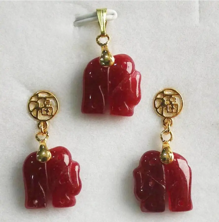 

Charming! Natural 14KGP Red Jade Elephant Pendant Necklace Earring Set