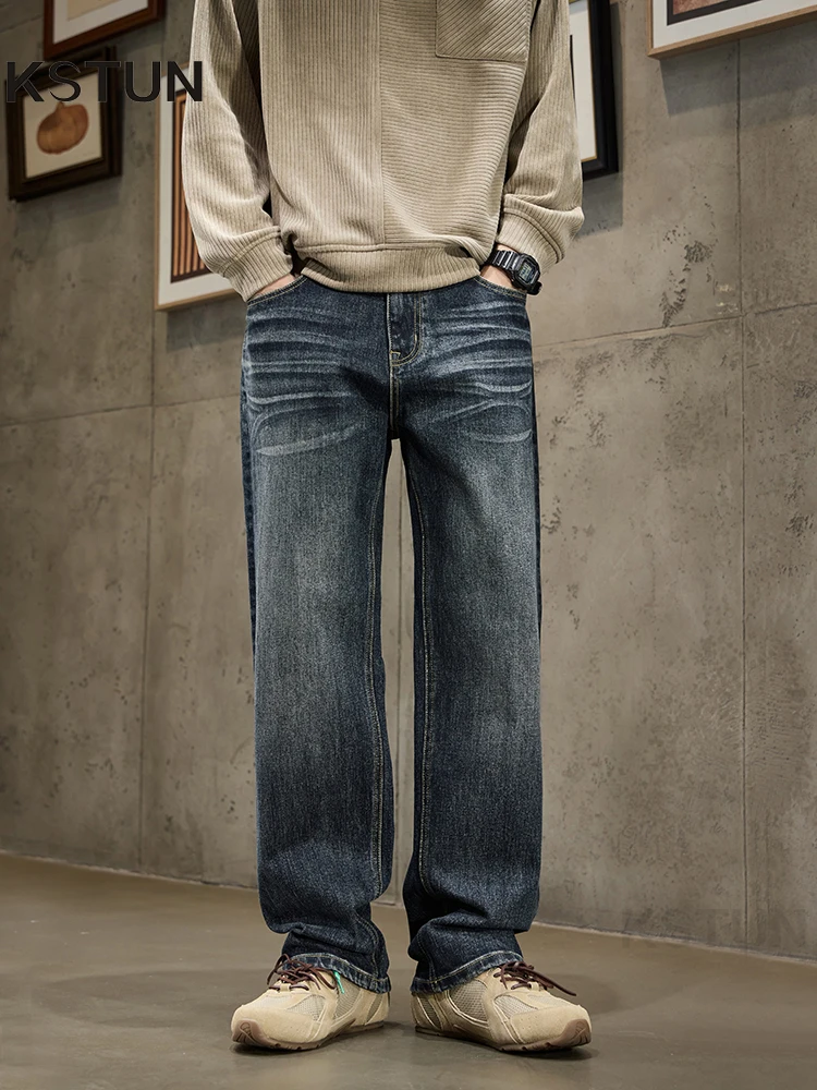 

KSTUN 2025 Autumn Blue Jeans For Men Baggy Pants Stretch Wide Leg Straight Loose Streetwear Men's Trousers Mens Clorthing