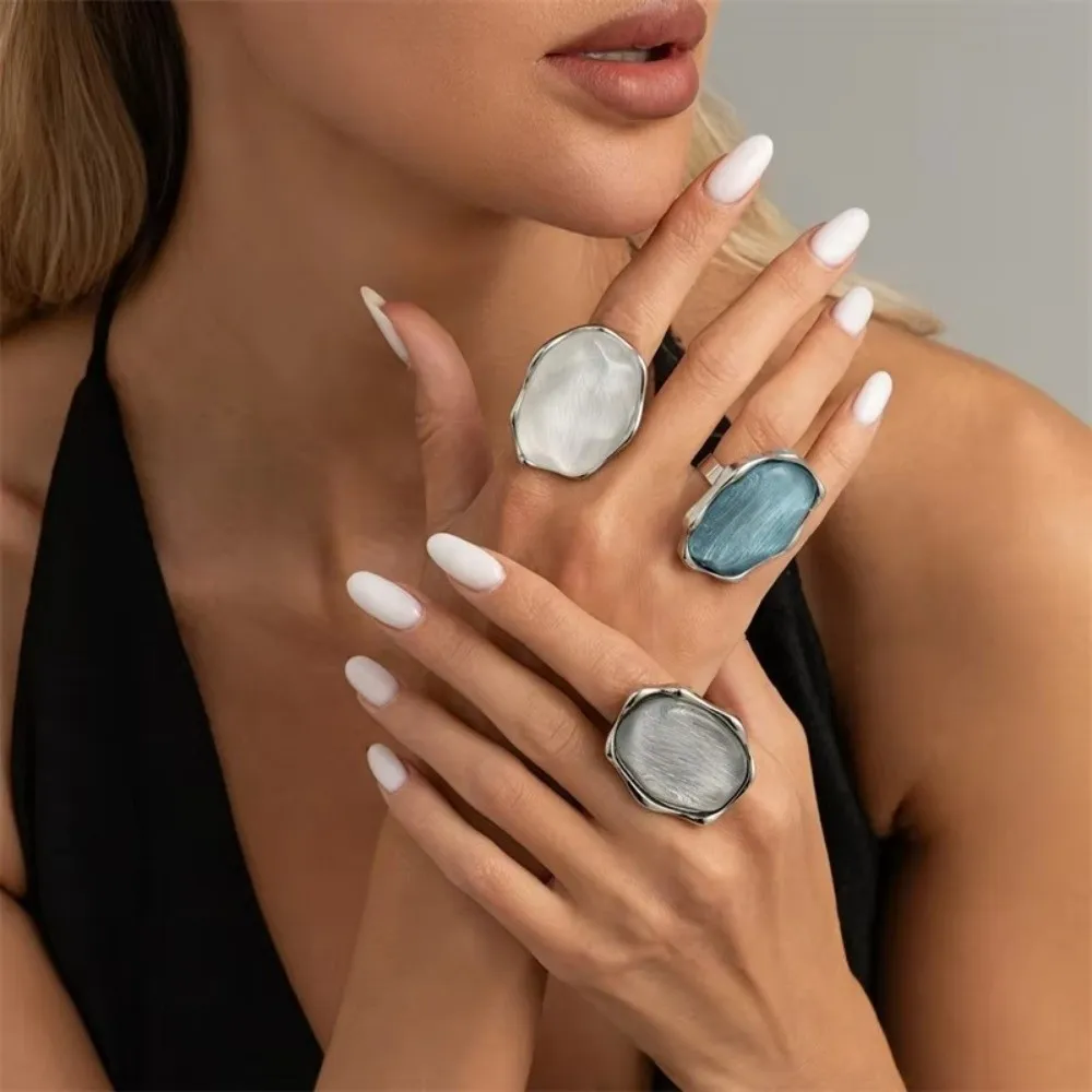 Trendy Resin Water Ripple Ring Adjustable Zinc Alloy Gemstone Resin Ring Vintage Blue Silver Plated Cat Eye Ring For Women