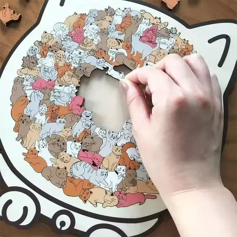 135 PC Cat-shaped Wooden Jigsaw Puzzle Unique Irregular Puzzle Pieces Game Birthday Xmas Gifts for Cat Lovers Home Decorations
