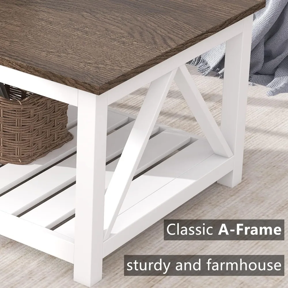 Farmhouse Coffee Table, Rustic Vintage Living Room Table with Shelf White Perfect for working and dining in the living room