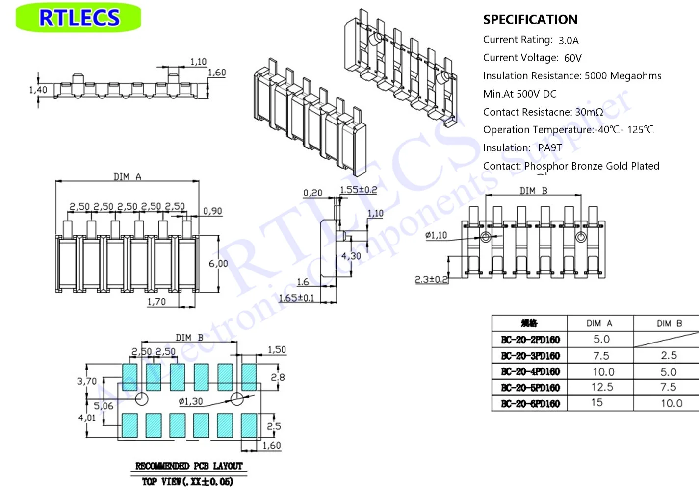 5pcs Spring Compression Contact 2.5 mm Pitch 5 Pin Female Male Connector Surface Mount Battery Connectors Reflow Solder PCB