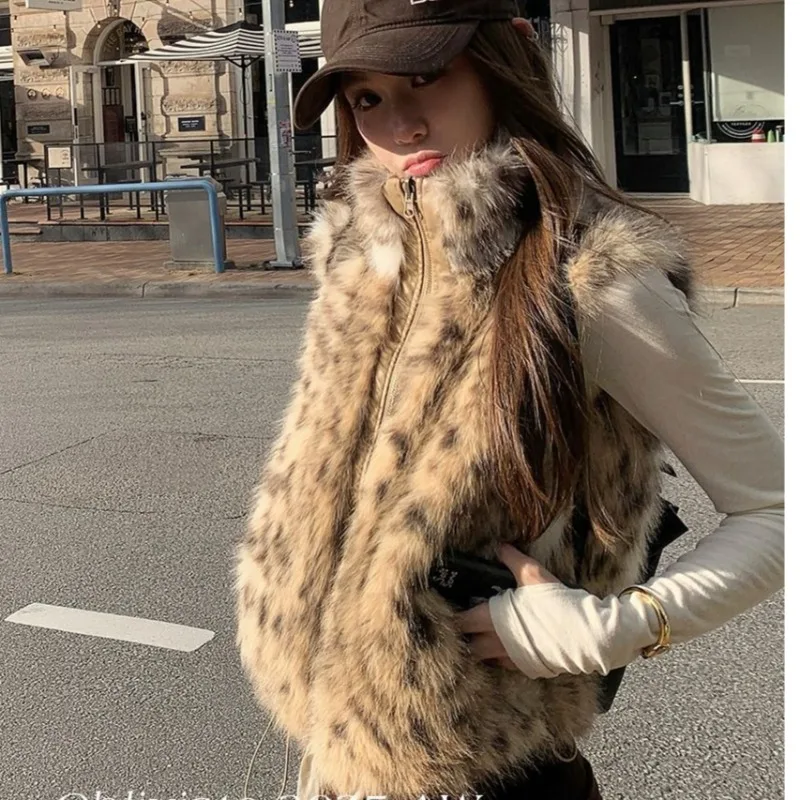 

Stand Collar Leopard Print Zipper Sleeveless Cardigan Women 2025 Winter New Streetwear Loose Casual All-match Vest