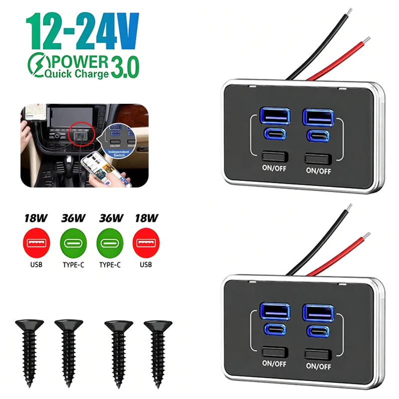 Kebidumei 4 Port Dual PD Dual QC3.0 Car Charger Socket Quick Charge with Switch 12V Outlet Panel Adapter for Truck Camper RV