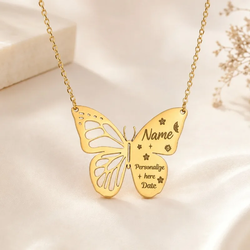 

Custom Butterfly Name Necklace Stainless Steel Personalized Date Pendant Jewelry Gift for Women Gold Silver