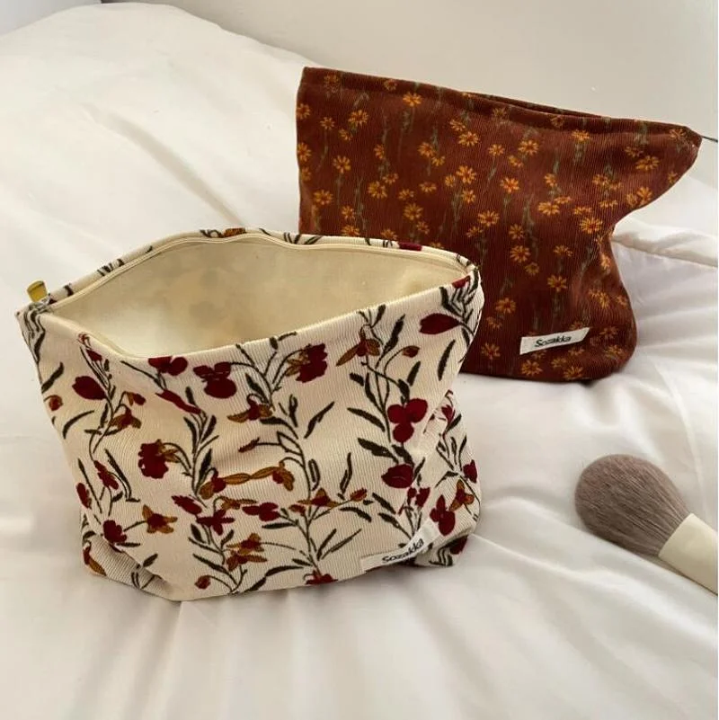 Fashion Corduroy Cosmetic Bag Retro Flower Print Cosmetic Bag Portable Wash Bag Women Travel Cosmetic Bag Beauty Storage Bag