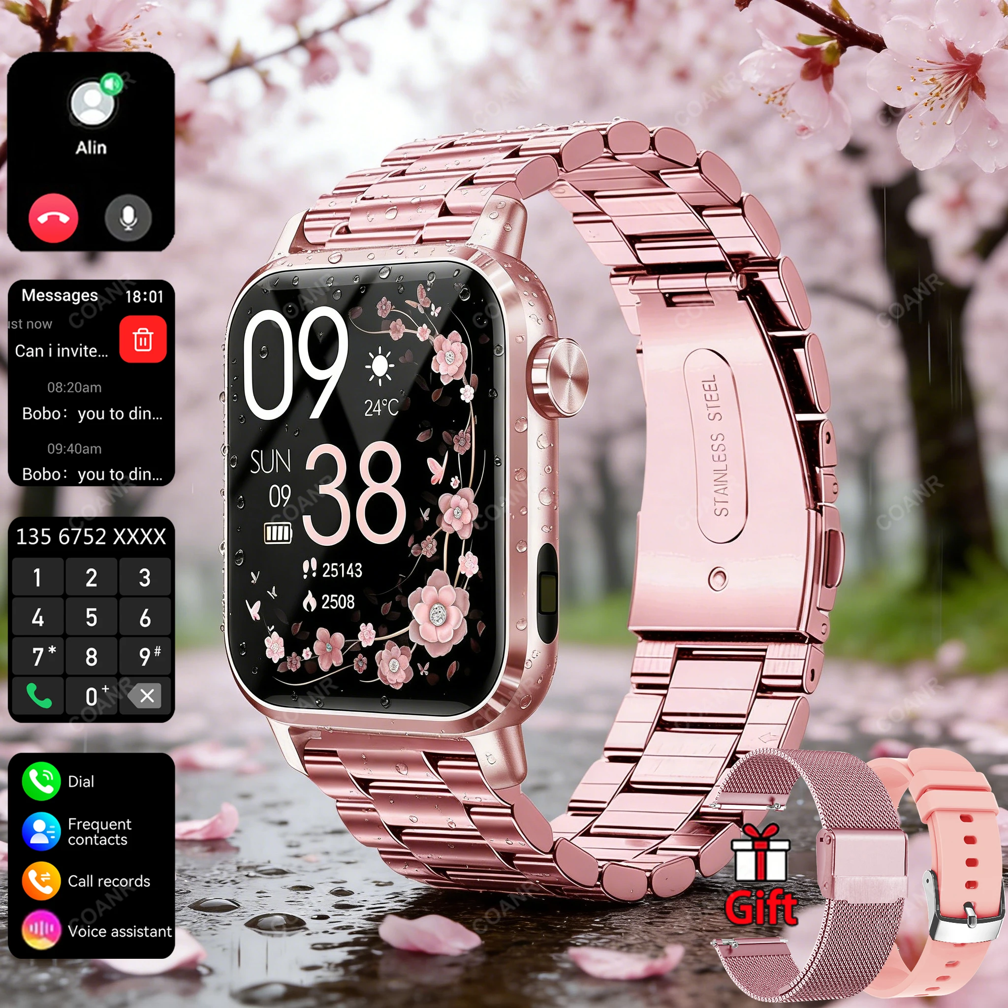 

Новые женские умные часы COANR с экраном 1,85 дюйма, беспроводной связью, функцией отслеживания спортивной активности и фитнеса, мониторингом здоровья и частоты сердечных сокращений, для Android и iOS.