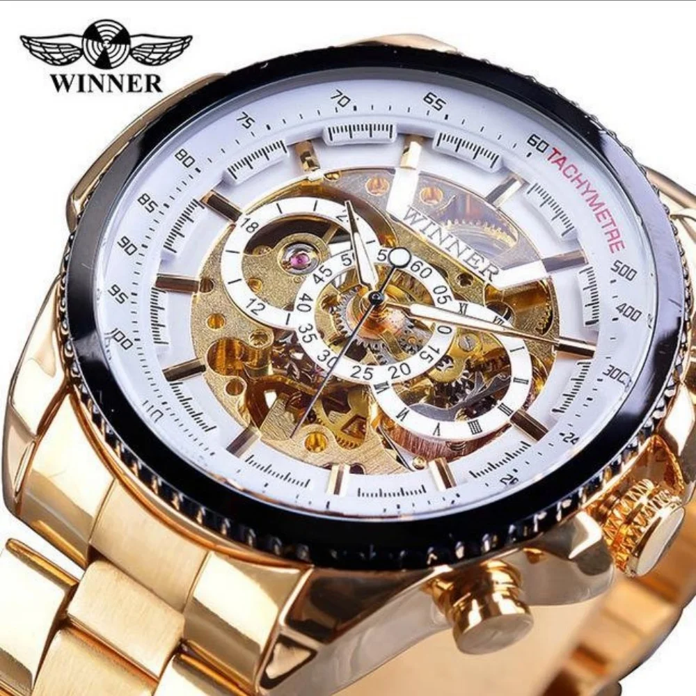 

Высококачественные деловые мужские механические часы в стиле милитари, с автоматическим заводом, дизайн скелета, круглый циферблат, ремешок из нержавеющей стали, элитные роскошные модные повседневные простые универсальные мужские часы, подходят для различ