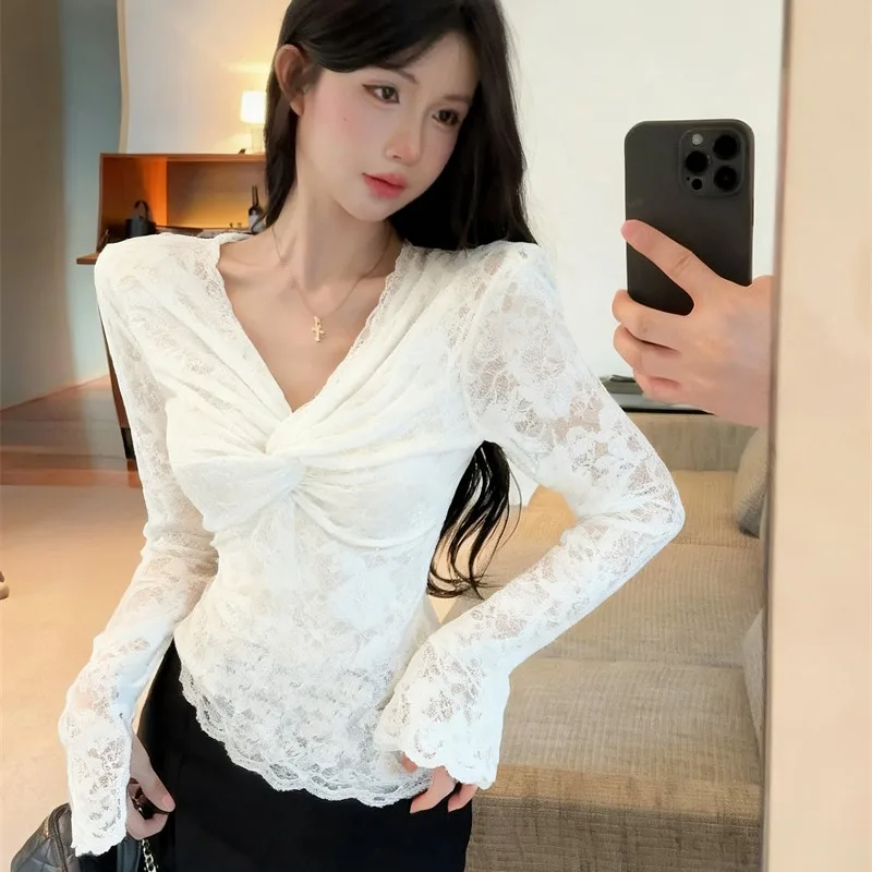 Sexy évider v-ne dentelle noeud conception Base irt femmes Faionable automne hiver nouveau Sle longue Sve taille cintrée