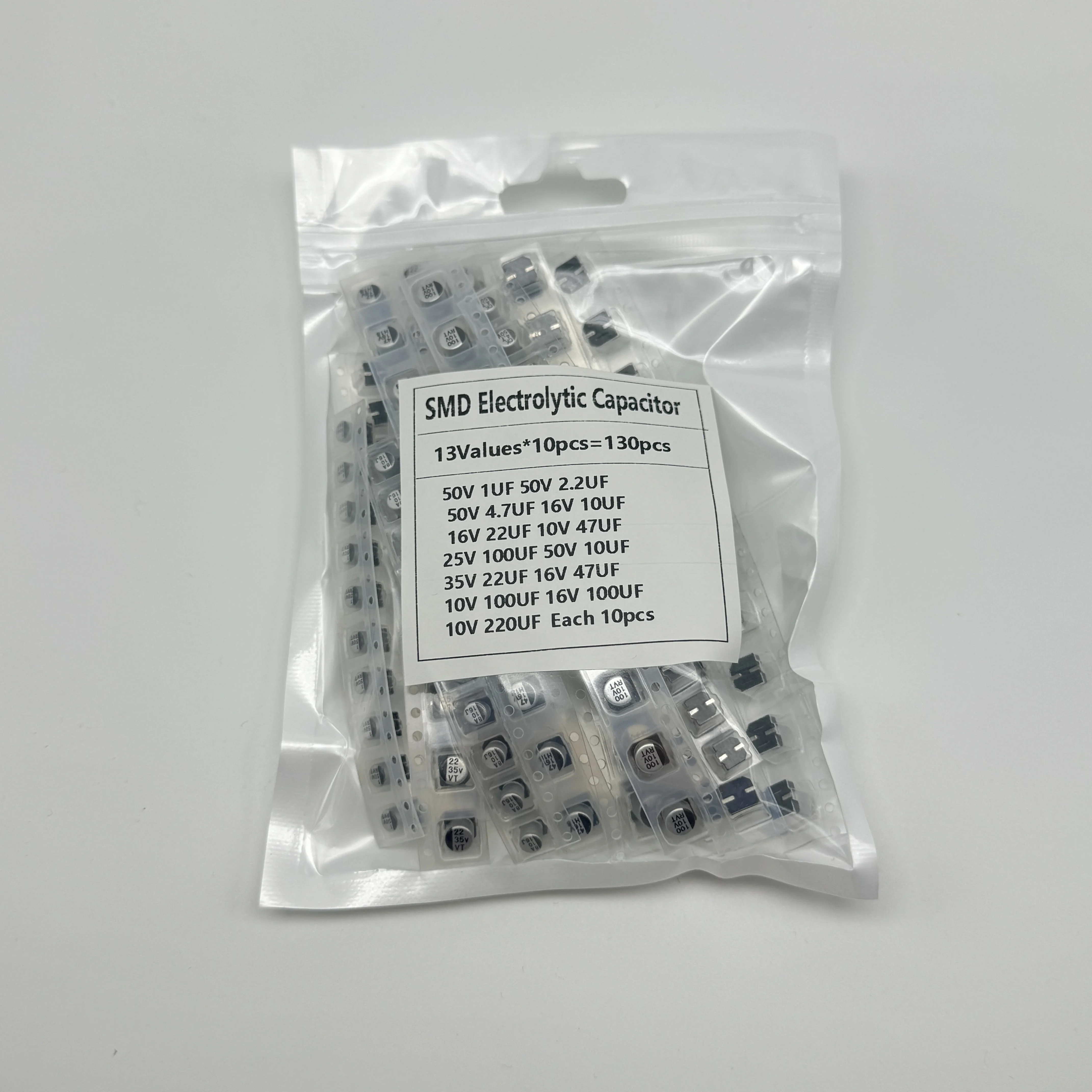 130PCS/LOT 1uF-220uF SMD Aluminum Electrolytic Capacitor Assorted Kit Set, 13values*10PCS=130PCS Samples Kit