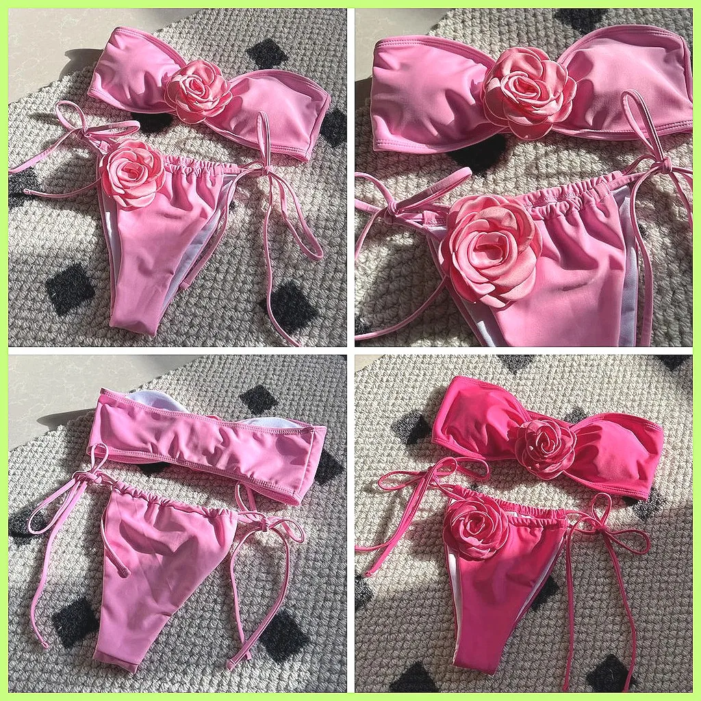 

Sexy Pink Floral Bikini Set for Women, Push Up Brazilian Beach Swimwear Two Piece
