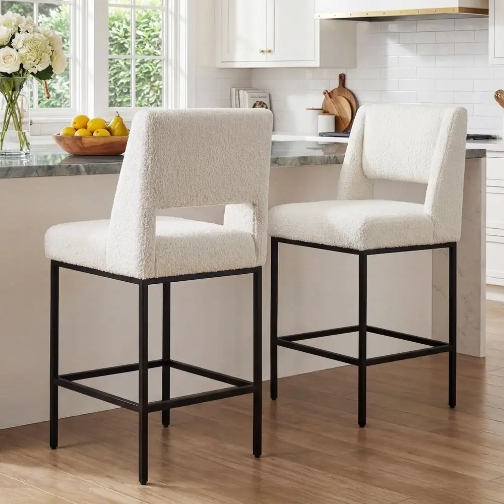 

Counter Height Stools, White Boucle Bar Stools with Metal Legs and Open Back, 26 Counter High Chairs for Kitchen Island, Home P
