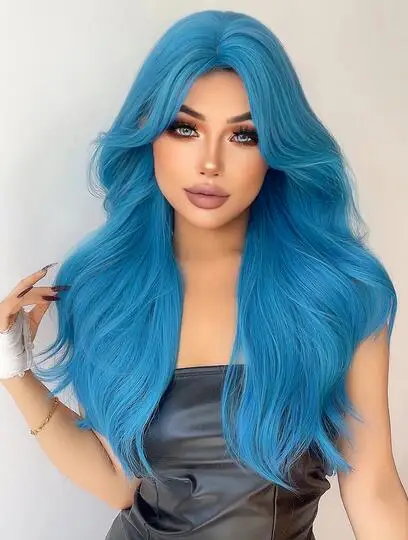 Sea blue synthetic wig with natural wavy long hair in the center, women's role-playing, cross dressing, queen party warmth