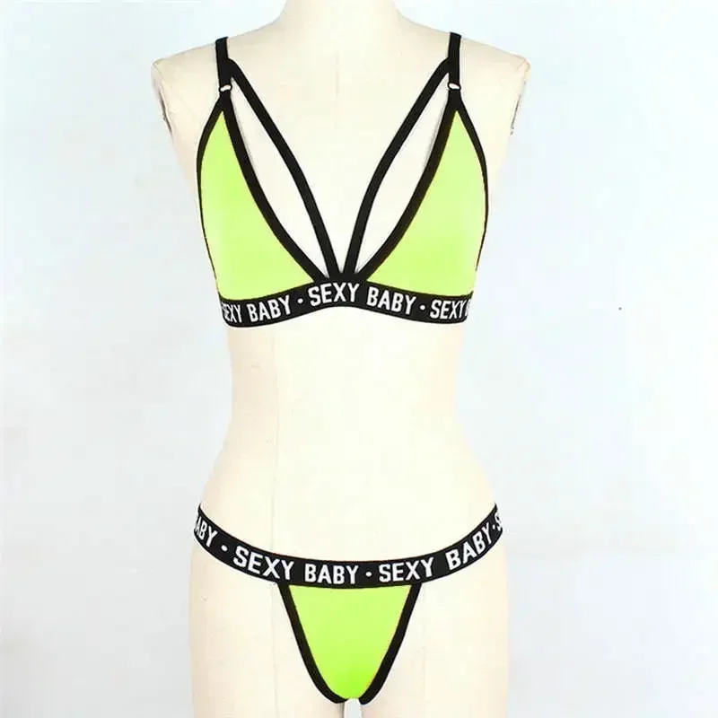 Exotic Sets Sexy Women's Sports Bra Set Without Underwire Bandage Corset Letter Bra + Thong Sexy Bikini Top Panties Sex Clothes image 5