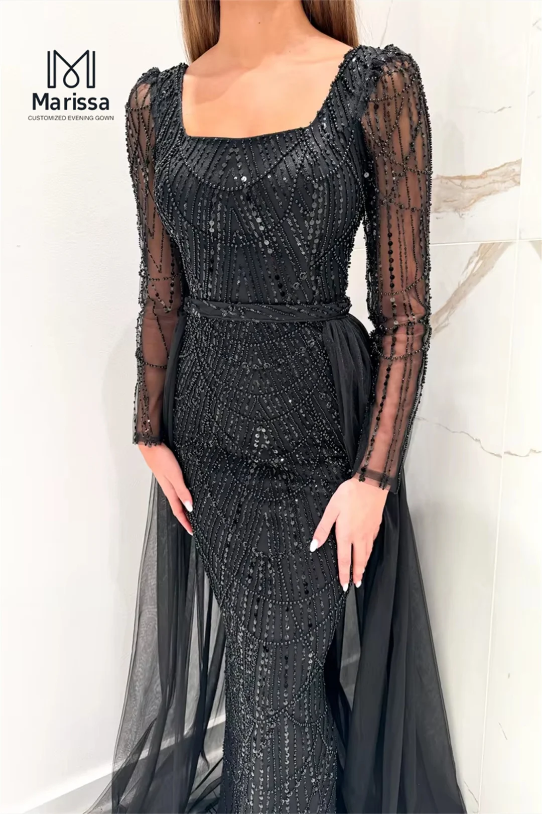 マリッサ ロング フィッシュテール パーティードレス ウェディングドレス カスタムメイド スパンコール ビーズ 刺繍 プロムガウン スクエアネック ロングスリーブ