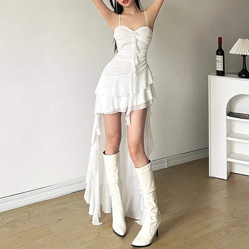 Gtpdpllt Y2k Sexy Mesh Ruffle Irregular High Low Dress White Black Sleeveless Long Dresses Summer Y2K Clothes Women 2024