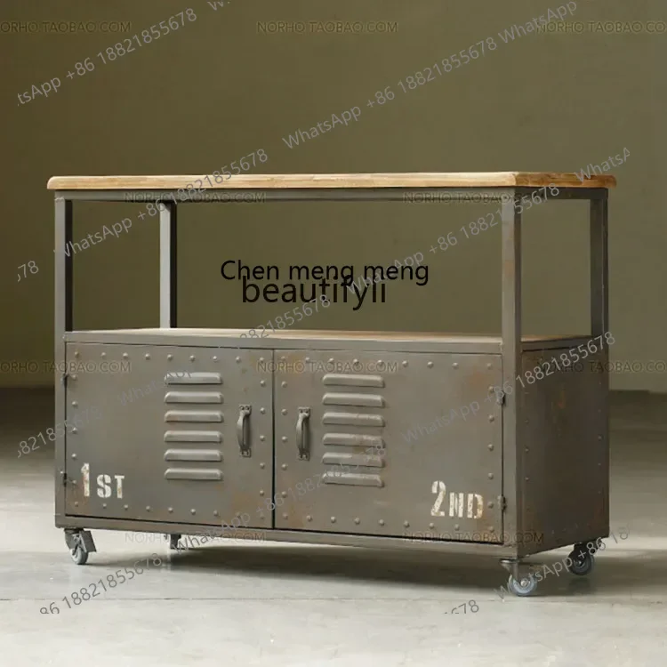 cn8350 LHY zqAmerican-Style Retro Iron Art Solid Wood Double-Deck TV Cabinet Bookcase Iron Locker Chest of Drawers Distressed Ca