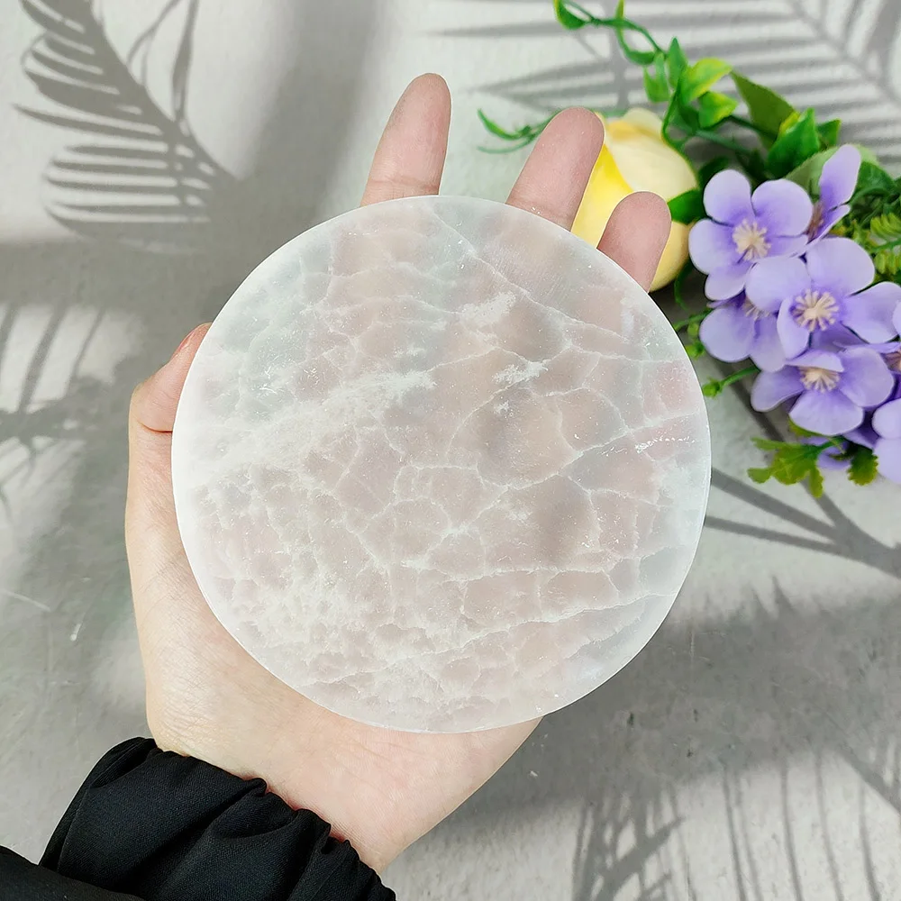 10CM Natural Crystal Selenite Slice Selenite Round Slab White Gypsum Charging Plate For Cleansing Healing Meditation Fengshui