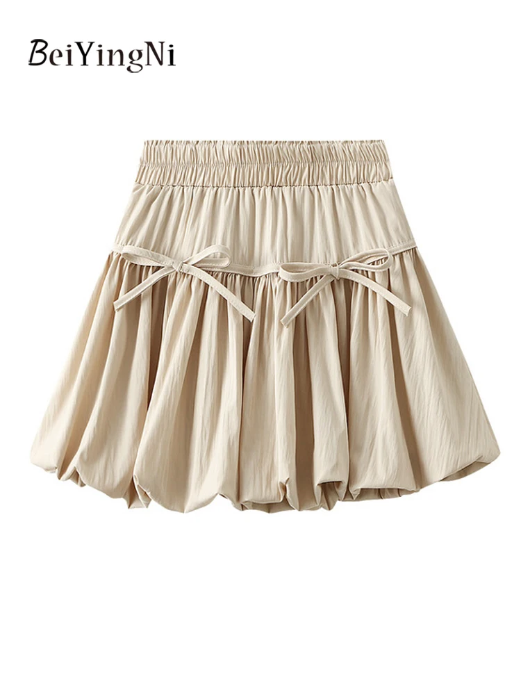 Beiyingni Women Mini Skirt Bow Tie Sexy Cute Korean Elastic Waist Tutu Bud A-line Skirts for Woman Summer Casual Slim Chic Jupes