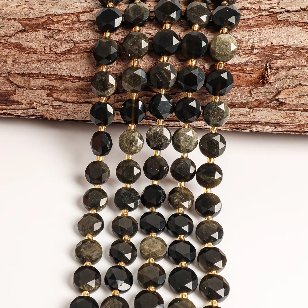 8MM 10MM NATURAL GOLD OBSIDIAN FACETED COIN SHAPE BEADS LOOSE BEADS DIY JEWELRY MAKING BRACELET NECKLACE ACCESSORY HANDMADE GIFT