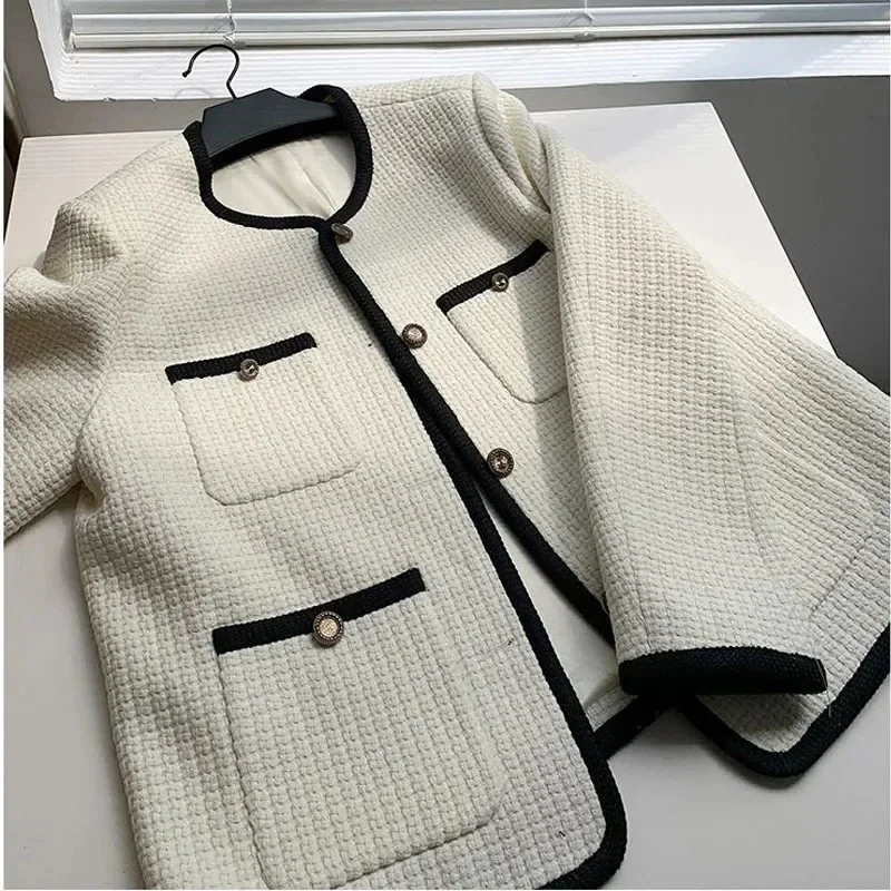 Elegant Women Tweed Jackets Autumn Korean Small Fragrance Single Breasted All Match Coats Harajuku Streetwear O Neck Outwear