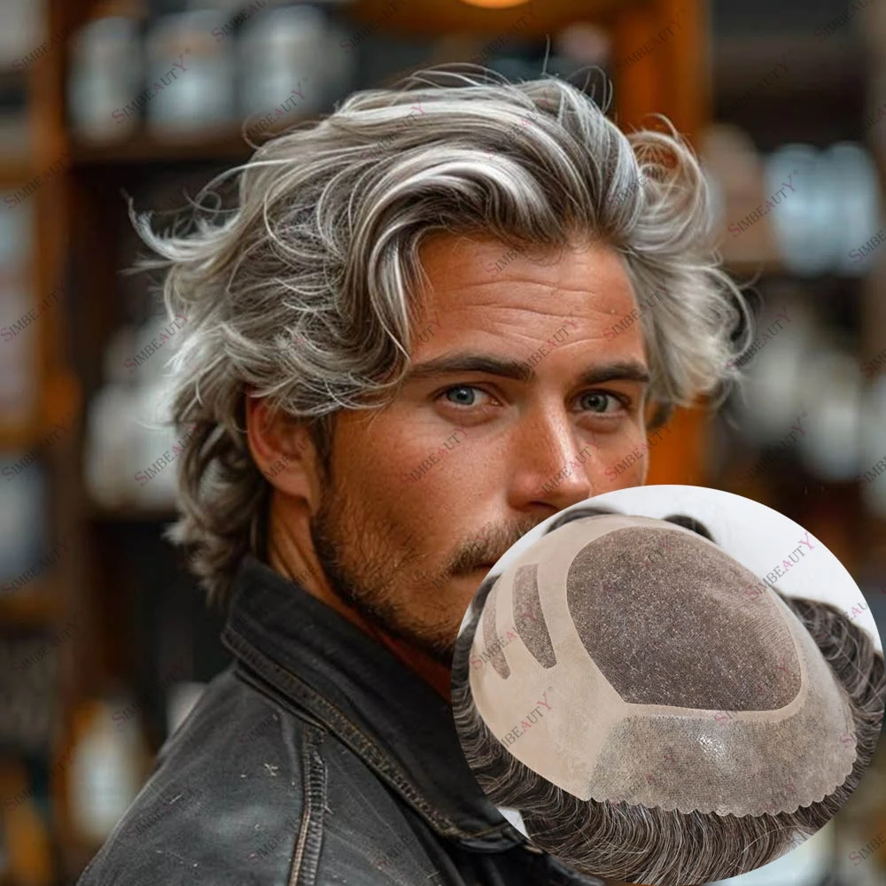 

Натуральный парик-накладка для мужчин из смешанных коричнево-серых человеческих волос, 30 мм, с естественной волной, прочное крепление, решение для проблем с выпадением волос, 550 # 1B80 # Перуки