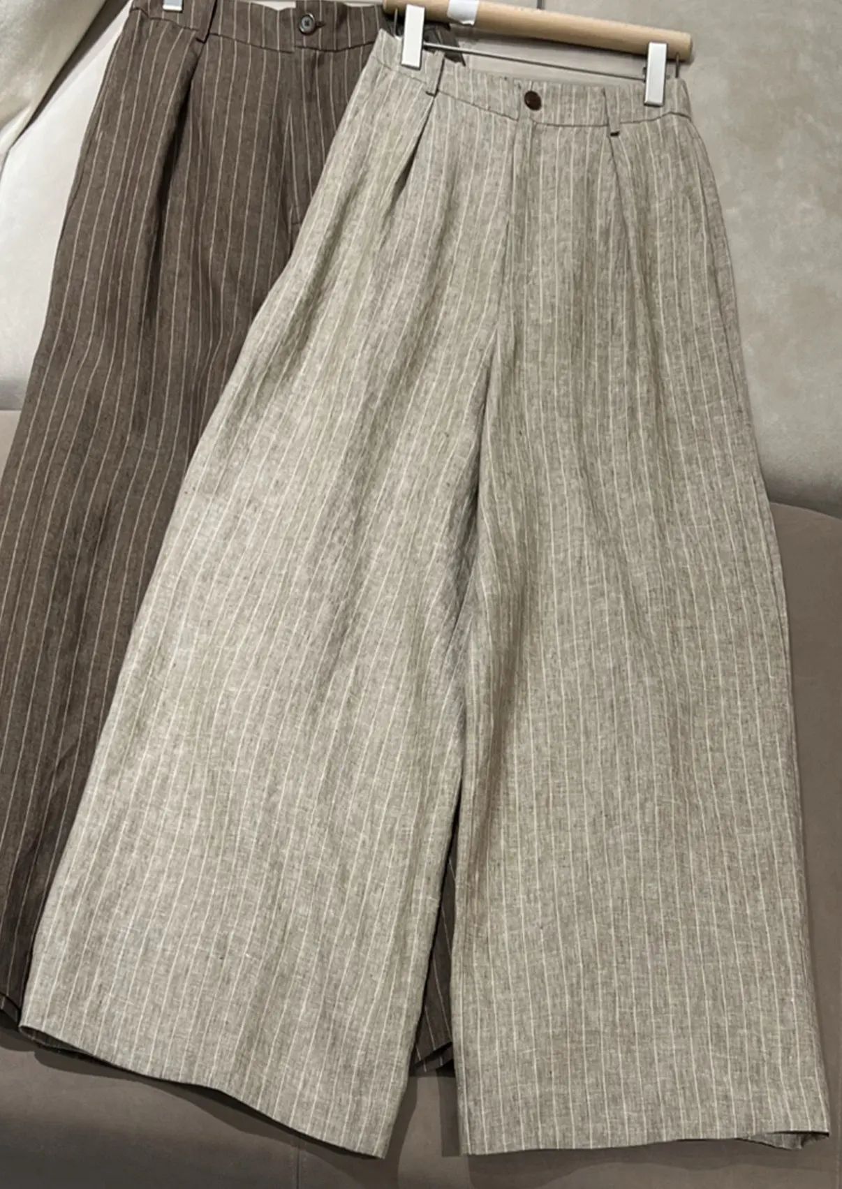 Women's New 100%Linen Half-elastic Waist Striped Casual Trousers Wide-leg Pants