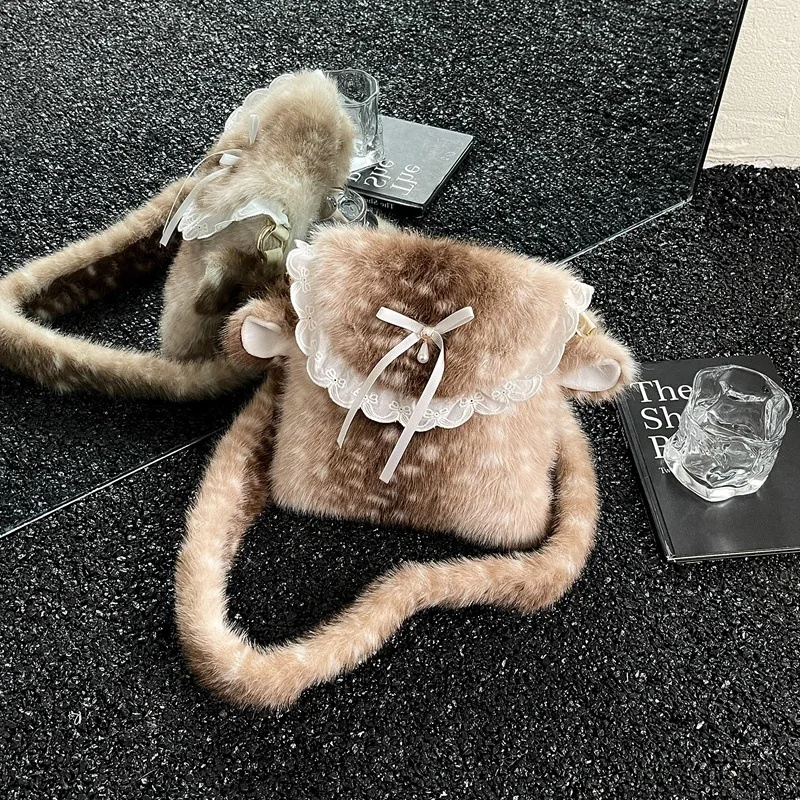 Cute Bow Lace Edge Crossbody Shoulder Bag Faux Fur Dot Plush Bucket Bag Women New Fashion Versatile Commute Phone Bag