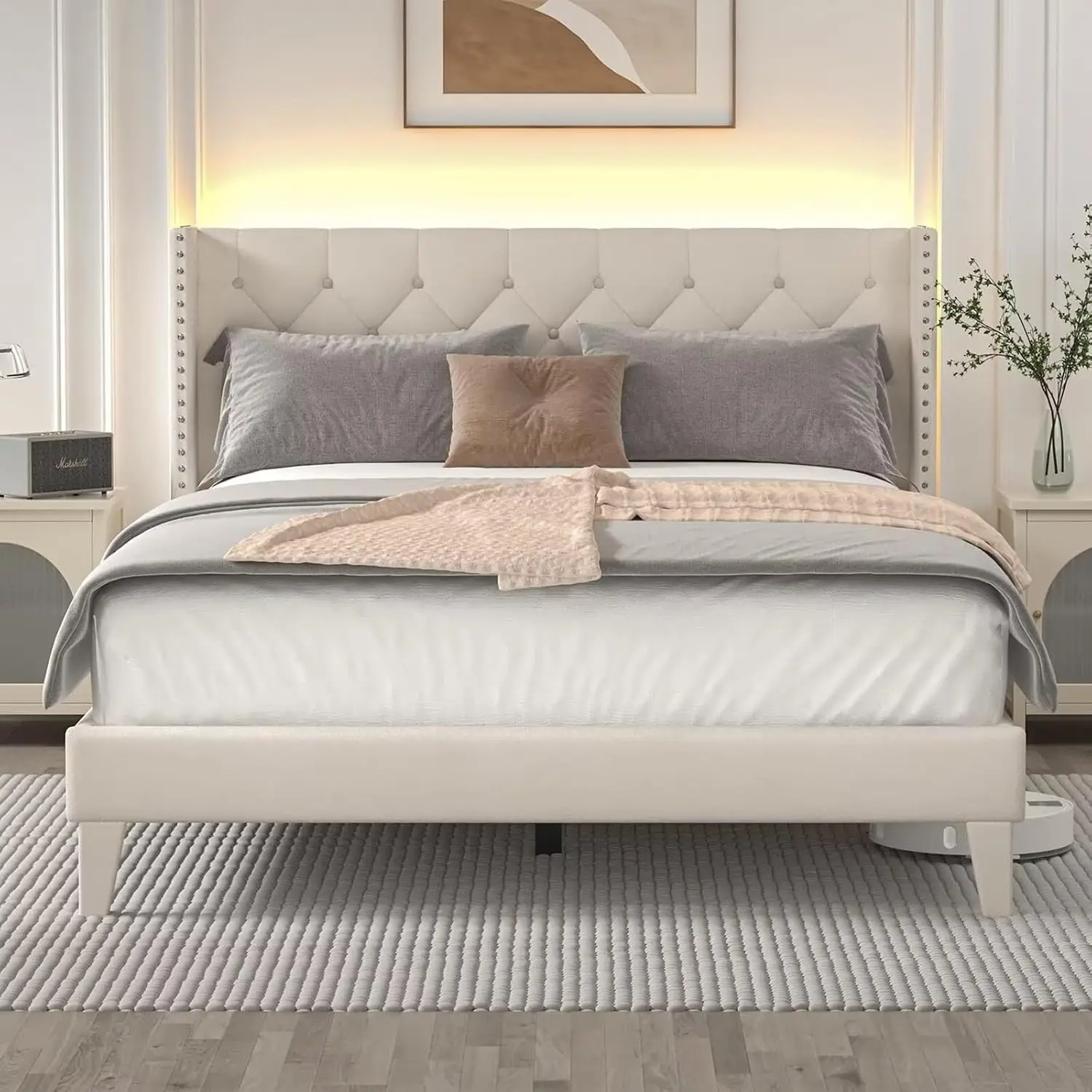 Queen Upholstered Bed Frame with LED Lights & Wingback Tufted Headboard, Wood Slats, Noise-Free, Easy Assembly, No Box Spring, B