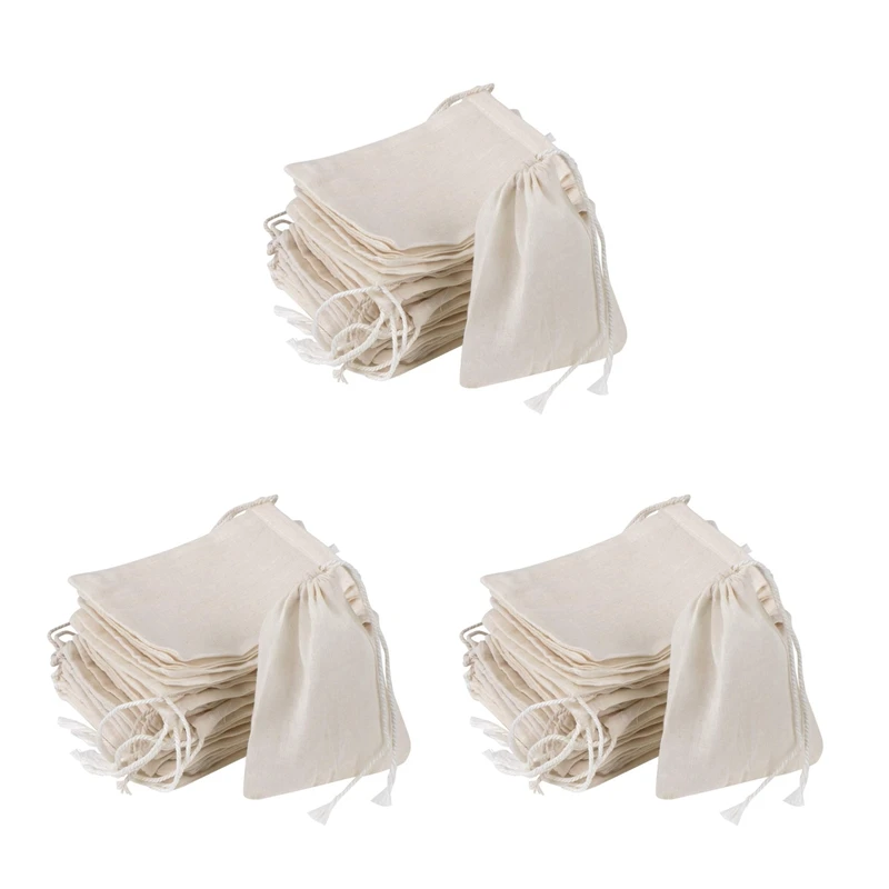 300 Pieces Drawstring Cotton Bags Muslin Bags,Tea Brew Bags (4 X 3 Inches)