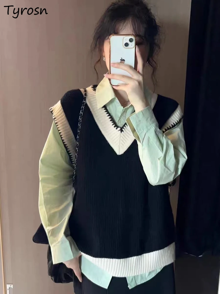 

Panelled Sweater Vest Women V-neck Soft Casual Baggy All-match Streetwear Classic Autumn Teens Knitwear Tender Chic Preppy Style