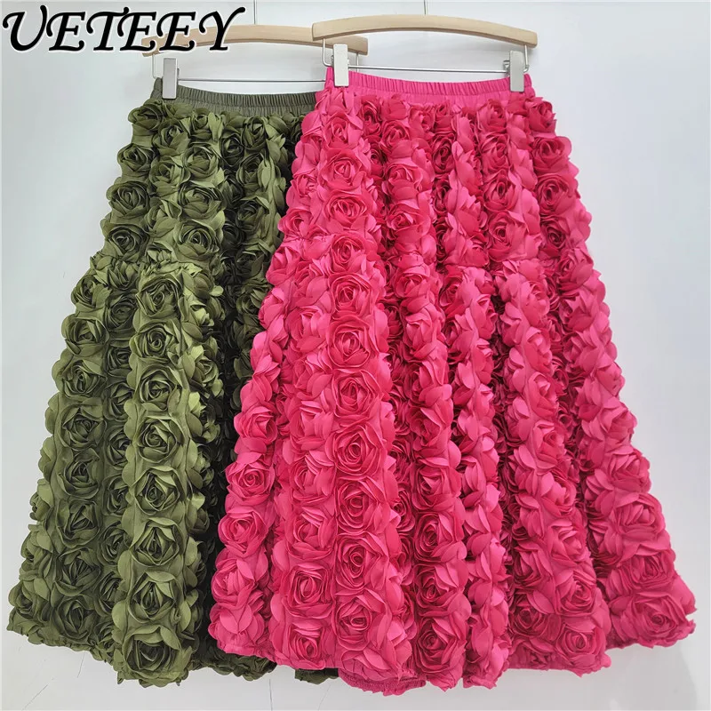 2025 New Versatile Design French 3D Flower Elastic High-waisted Long Skirts Pendulum Fashion A-shaped Skirt for Women