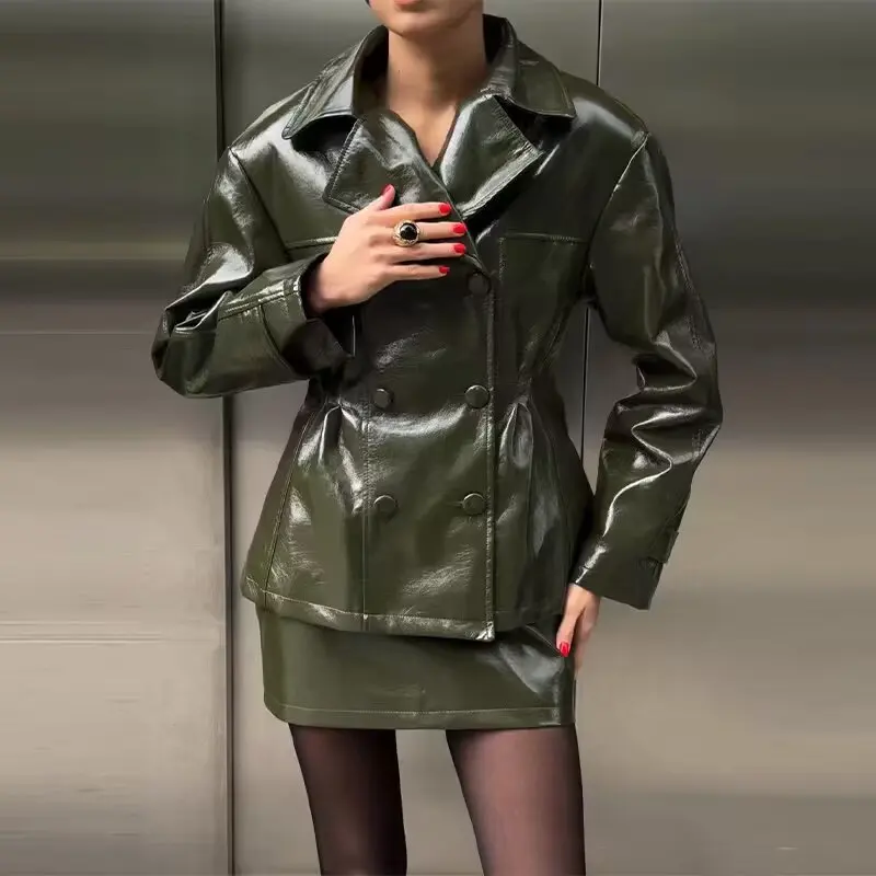 HG  Retro Leather Blazers Short Skirts Suit Women's Stylish Lapel Double-breasted Jackets 2026 New Autumn Winter Ladies Streetwe