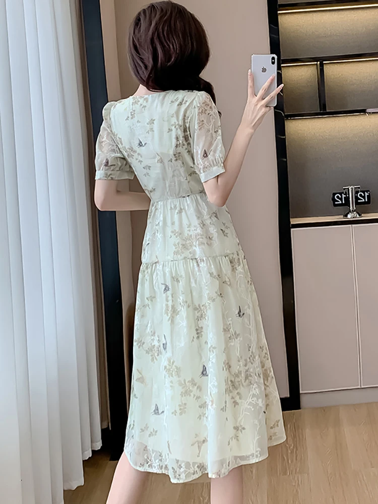 Letnia szyfonowa sukienka midi z krótkim rękawem i dekoltem w szpic dla kobiet Elegancka sukienka wakacyjna 2025 Koreańska sukienka jednoczęściowa Bodycon