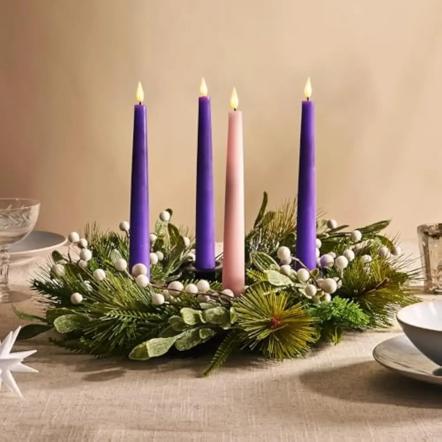 

Advent Wreath Candle Holder, 14 Inch Advent Candle Wreath, Pine Candle Ring, Catholic Advent Wreath Christmas Decoration Set