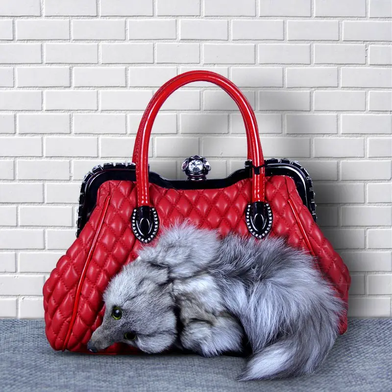 High-End Luxury Fox Fur Women\'S Bag New European American Fashion Diamond Imitation Leather Ladies Handbag Shoulder Bags Women