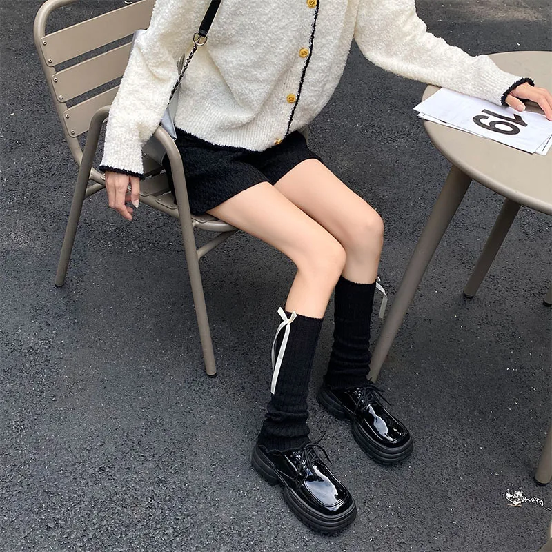 Women\'s Ribbon Bow Knitted Leg Warmers Ruffles Cute White Japanese-style JK for Spring/autumn Long Dual-purpose Arm Sleeves