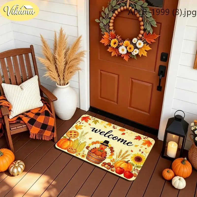 VIKAMA Thanksgiving Welcome Mat Turkey Cornucopia Pie Sunflower Fall Front Door Mat Washable Entryway Rug Non Slip Home Decor