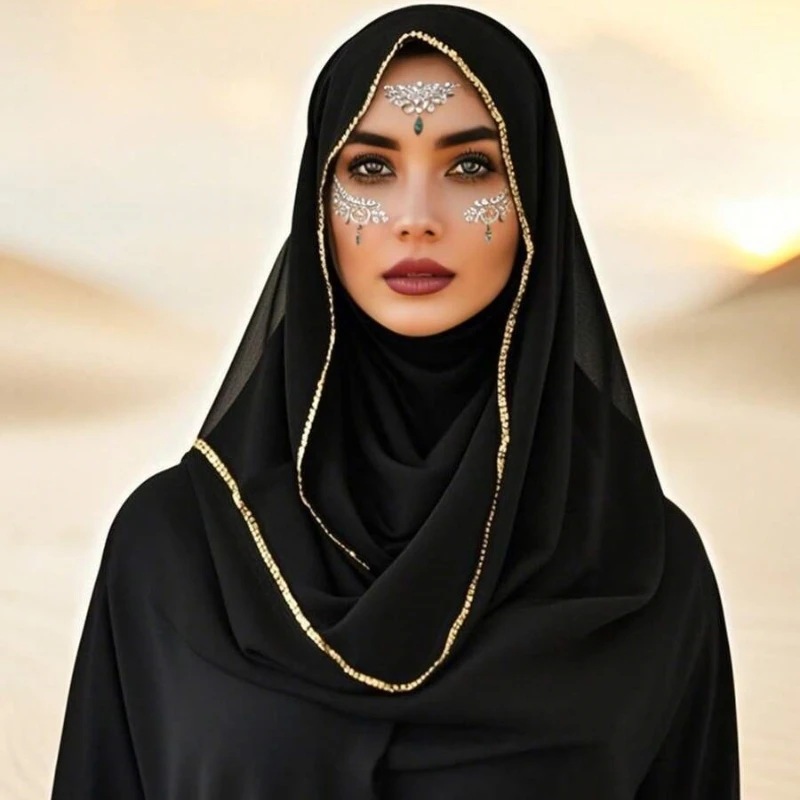 

Women Pearl Chiffon Hijab Scarf with Shiny Chain Edge Muslim Premium Chiffon Long Shawl Luxury Design Giltter Shimmer Edge Hijab