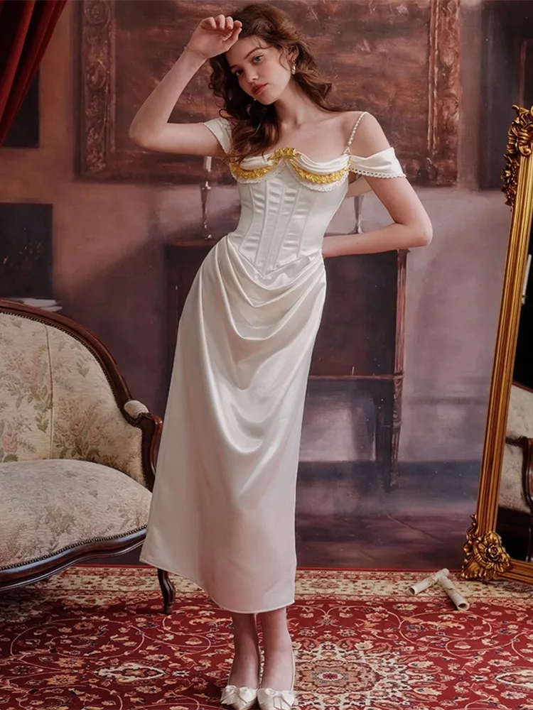 80-98cmBust ฤดูร้อนผ้าซาตินสีขาวชุดราตรี Vintage Elegant Slim เซ็กซี่ Backless ด้านหลัง Slit Strapless ชุด Brithday Party Dress