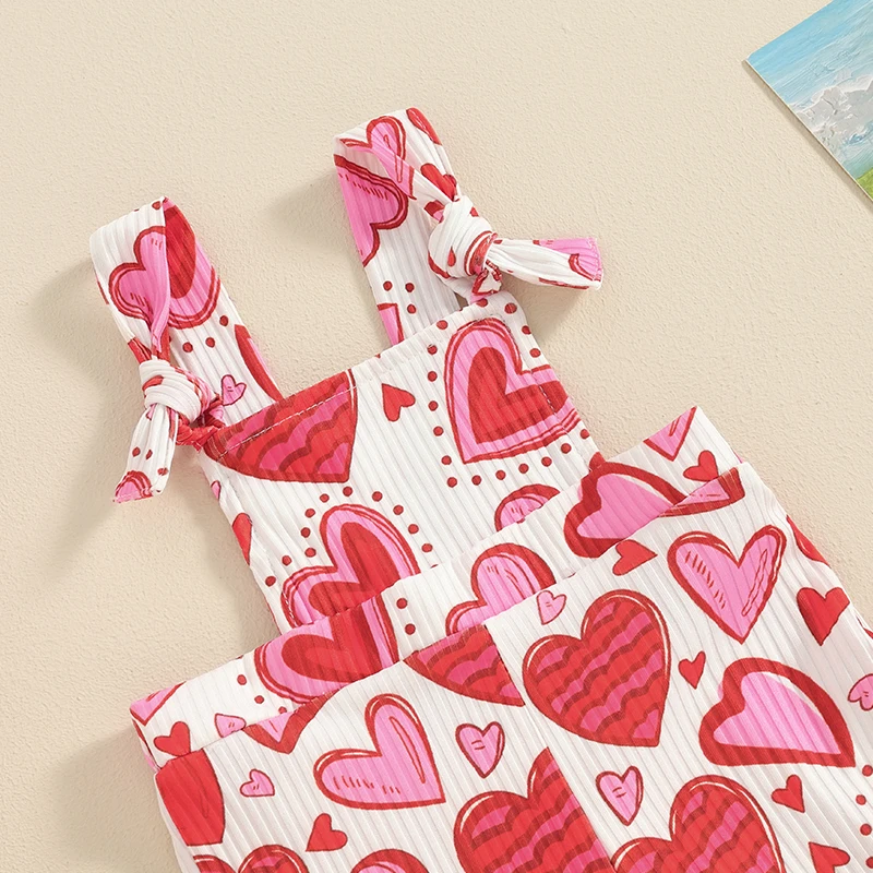 

Toddler Baby Girls Bell Bottom Jumpsuit Heart Print Sleeveless Tie Up Straps Romper Infant Flare Pants Overalls