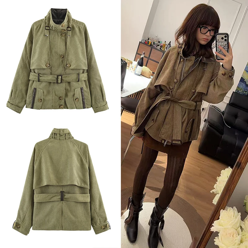Guobioziy 2026 Autumn and Winter Women's Corduroy Stand Collar Belted Workwear Jacket Loose Coat for Office Commuting